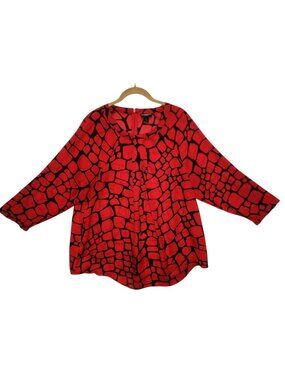 Liz Claiborne Career Womens XL Red/Black Abstract Print Blouse 3/4 Sleeve Top